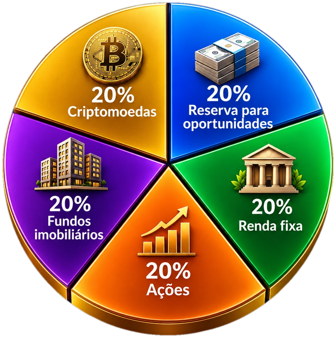 Protocolo CR2FA: cinco blocos de 20% — criptomoedas, fundos imobiliários, ações, renda fixa e reserva para oportunidades
